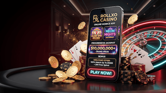 Die Startseite des Rollxo Casinos mit Fokus auf aktuelle Bonusangebote und Spielauswahl